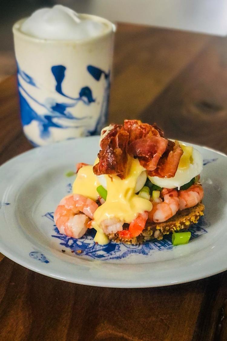 Bacon Recipe - Shrimp and Hard Boiled Eggs with Hollandaise Sauce and Bacon